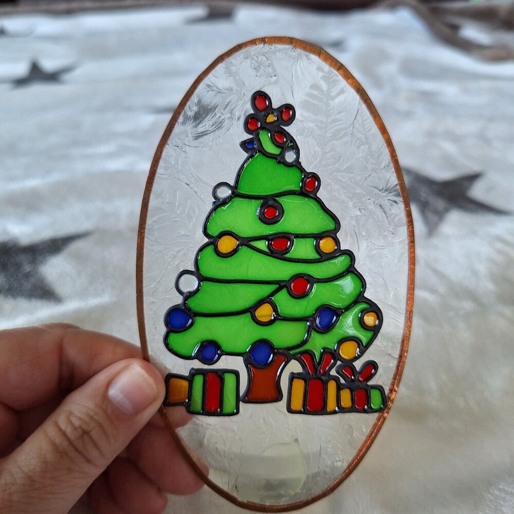 Vintage Hand Painted Stained Glass Oval Candleholder Christmas Tree Votive